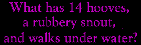 What has 14 hooves, a rubbery snout, and walks under water?